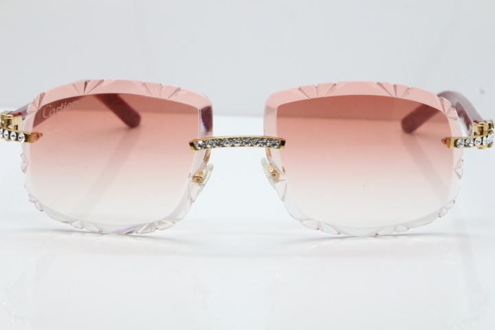 Cartier Rimless 8200762 Big Diamond Marble Red Aztec Arms Sunglasses In Gold Pink Lens