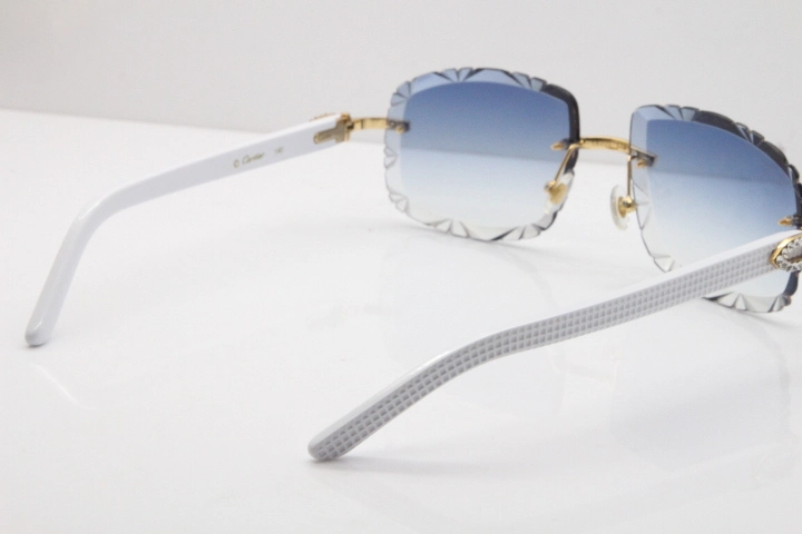 Cartier Rimless 8200762 Big Diamond White Aztec Arms Sunglasses In Gold Blue Lens 