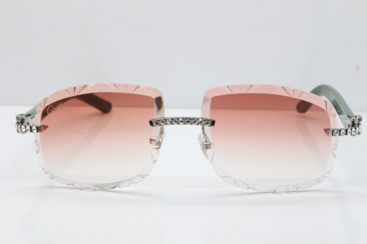 Cartier Rimless 8200762 Big Diamond Green Aztec Arms Sunglasses In Gold Pink Lens