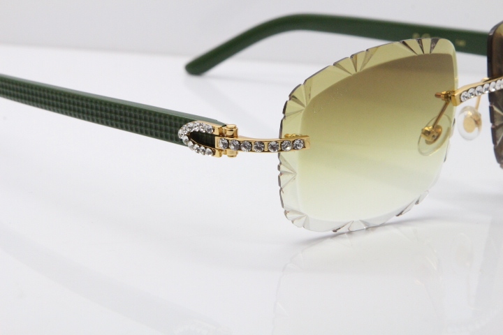 Cartier Rimless 8200762 Big Diamond Green Aztec Arms Sunglasses In Gold Brown Lens 