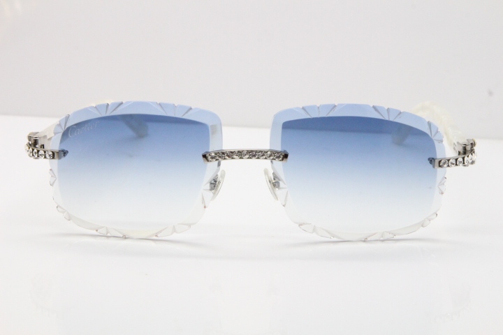 Cartier Rimless 8200762 Big Diamond Marble White Aztec Arms Sunglasses In Gold Blue Lens