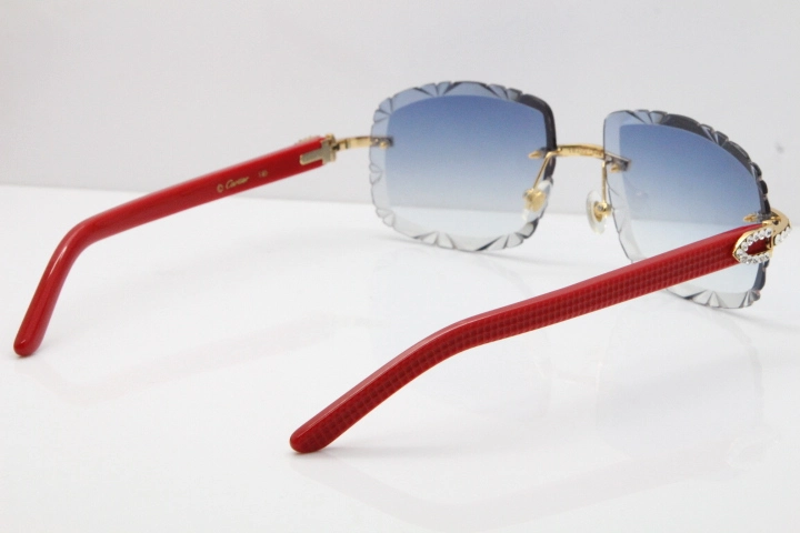 Cartier Rimless 8200762 Big Diamond Red Aztec Arms Sunglasses In Gold Blue Lens