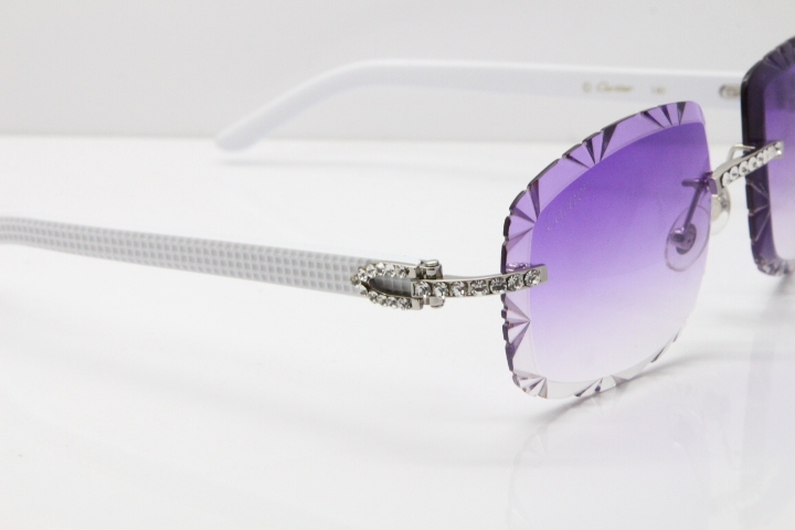 Cartier Rimless 8200762 Big Diamond White Aztec Arms Sunglasses In Gold Purple Lens 