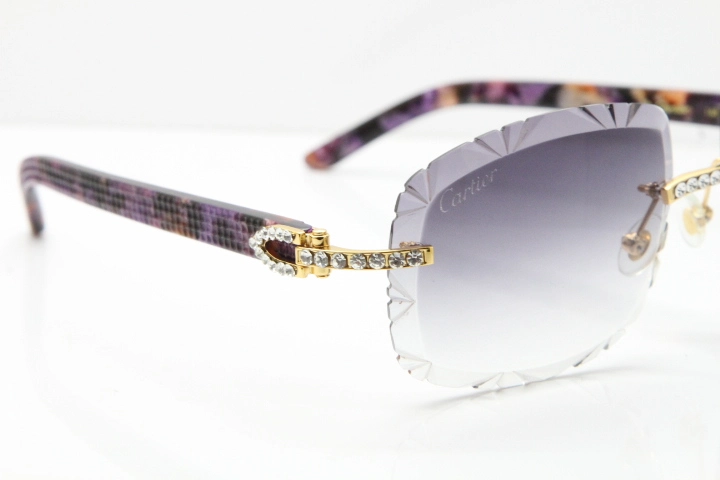 Cartier Rimless 8200762 Big Diamond Marble Purple Aztec Arms Sunglasses In Gold Gray Lens