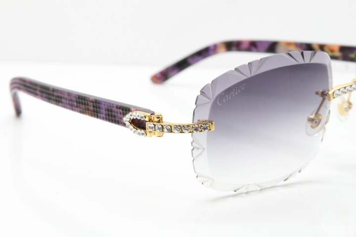 Cartier Rimless 8200762 Big Diamond Marble Purple Aztec Arms Sunglasses In Gold Gray Lens