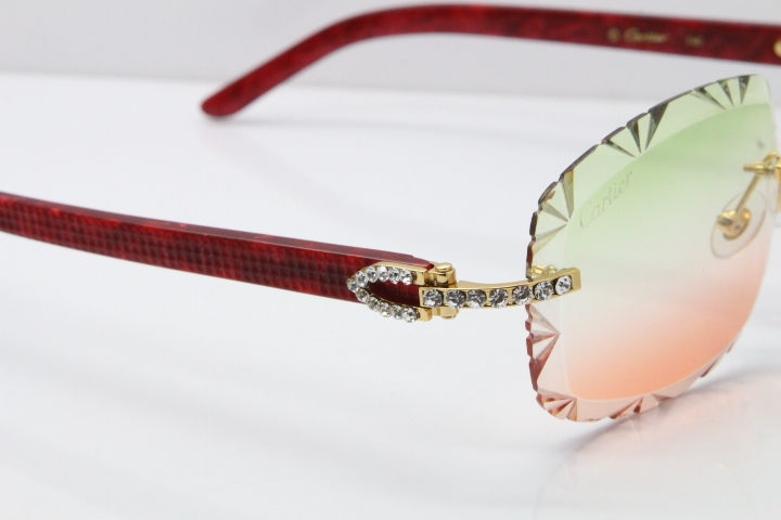 Cartier Rimless 8200762 Big Diamond Marble Red Aztec Arms Sunglasses In Gold Green Brown Lens