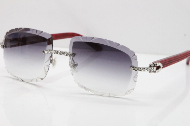 Cartier Rimless 8200762 Big Diamond Marble Red Aztec Arms Sunglasses In Gold Gray Lens