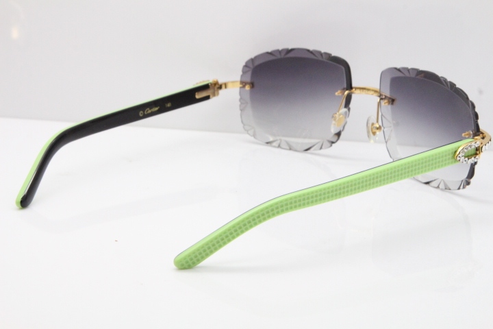 Cartier Rimless 8200762 Big Diamond Black Green Aztec Arms Sunglasses In Gold Gray Lens