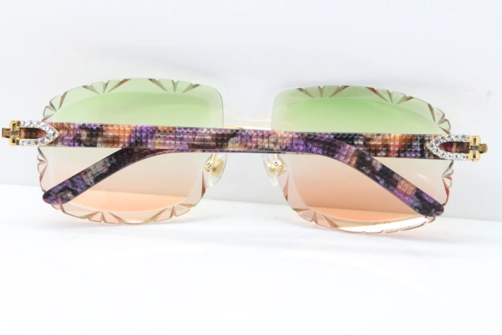 Cartier Rimless 8200762 Big Diamond Marble Purple Aztec Arms Sunglasses In Gold Green Brown Lens 