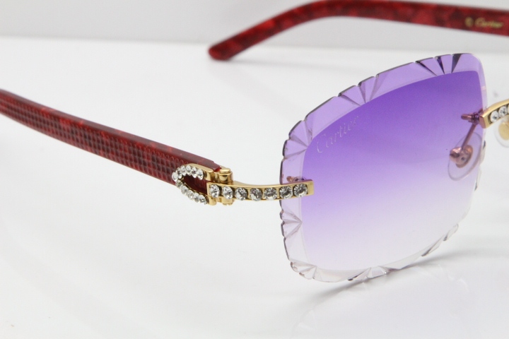 Cartier Rimless 8200762 Big Diamond Marble Red Aztec Arms Sunglasses In Gold Purple Lens