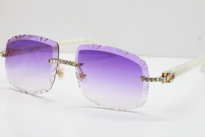 Cartier Rimless 8200762 Big Diamond Marble White Aztec Arms Sunglasses In Gold Purple Lens