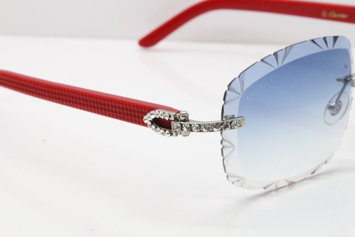 Cartier Rimless 8200762 Big Diamond Red Aztec Arms Sunglasses In Gold Blue Lens