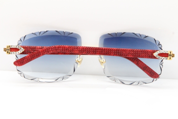 Cartier Rimless 8200762 Big Diamond Marble Red Aztec Arms Sunglasses In Gold Blue LensLens