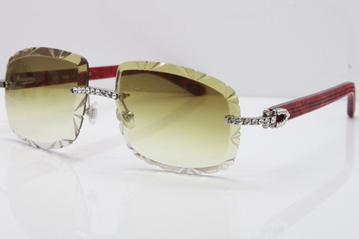 Cartier Rimless 8200762 Big Diamond Marble Red Aztec Arms Sunglasses In Gold Brown Lens