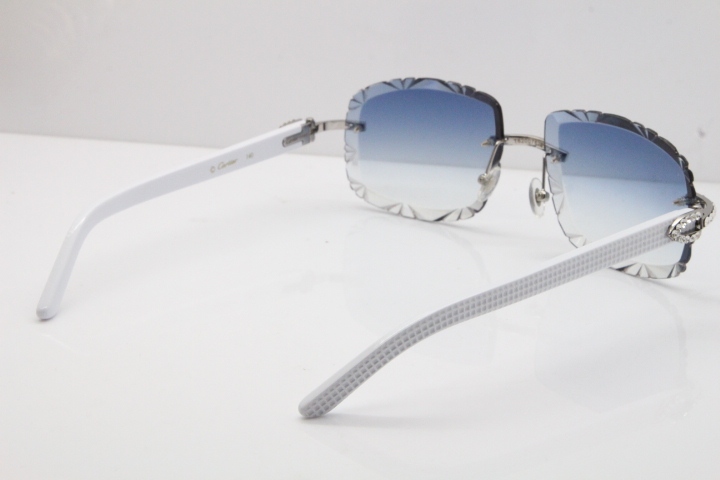 Cartier Rimless 8200762 Big Diamond White Aztec Arms Sunglasses In Gold Blue Lens 