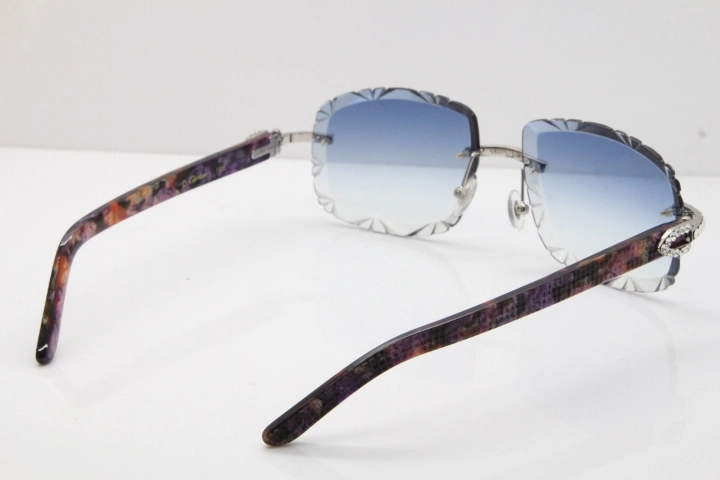 Cartier Rimless 8200762 Big Diamond Marble Purple Aztec Arms Sunglasses In Gold Blue Lens