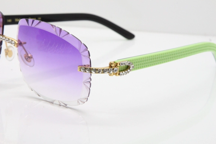 Cartier Rimless 8200762 Big Diamond  Black Green Aztec Arms Sunglasses In Gold Purpel Lens 