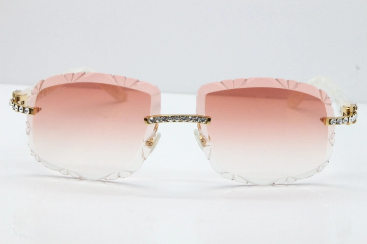 Cartier Rimless 8200762 Big Diamond Marble White Aztec Arms Sunglasses In Gold Pink Lens