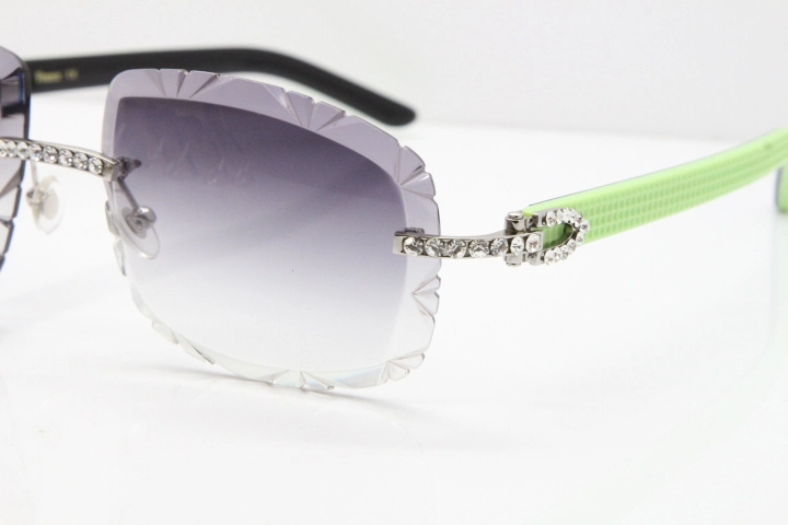 Cartier Rimless 8200762 Big Diamond Black Green Aztec Arms Sunglasses In Gold Gray Lens