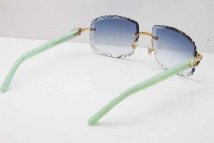 Cartier Rimless 8200762 Big Diamond Marble Green Aztec Arms Sunglasses In Gold Blue Lens 