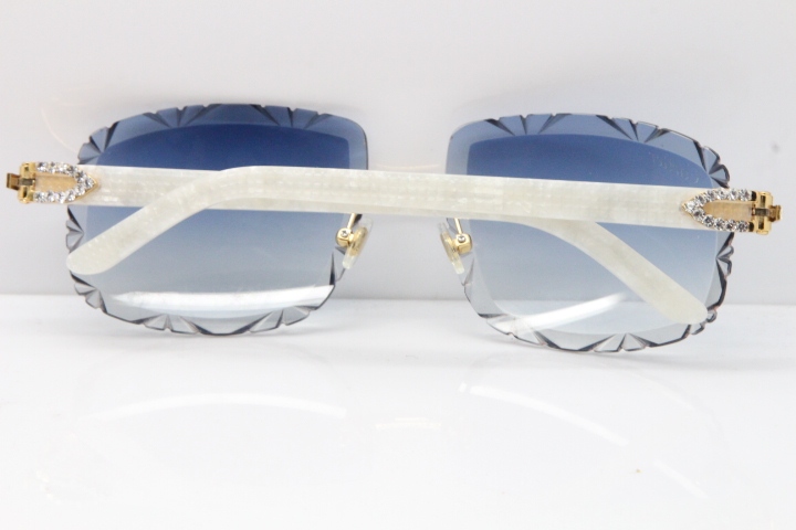 Cartier Rimless 8200762 Big Diamond Marble White Aztec Arms Sunglasses In Gold Blue Lens