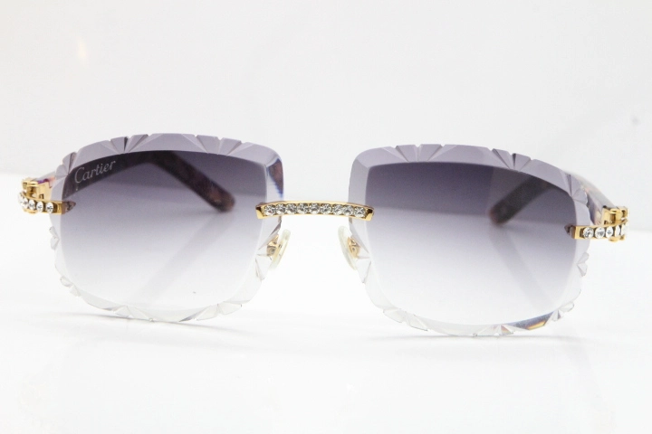 Cartier Rimless 8200762 Big Diamond Marble Purple Aztec Arms Sunglasses In Gold Gray Lens