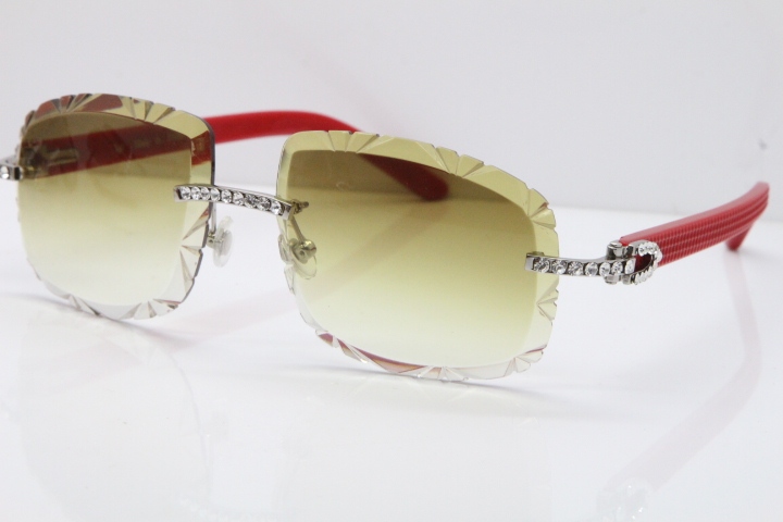 Cartier Rimless 8200762 Big Diamond Red Aztec Arms Sunglasses In Gold Brown Lens