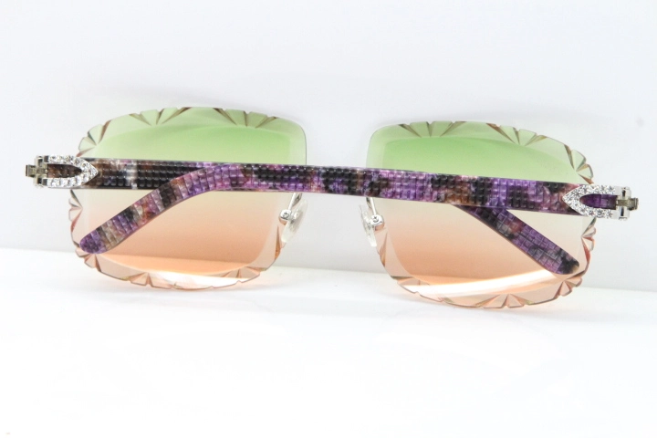 Cartier Rimless 8200762 Big Diamond Marble Purple Aztec Arms Sunglasses In Gold Green Brown Lens 