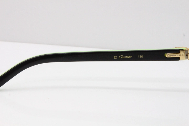 Cartier Rimless 8200762 Big Diamond Black Green Aztec Arms Sunglasses In Gold Blue Lens