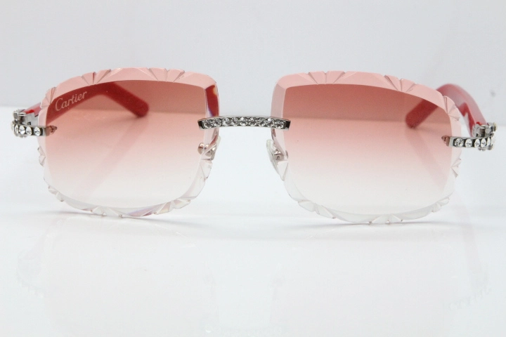 Cartier Rimless 8200762 Big Diamond Red Aztec Arms Sunglasses In Gold Pink Lens