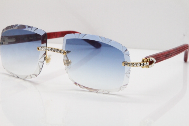 Cartier Rimless 8200762 Big Diamond Marble Red Aztec Arms Sunglasses In Gold Blue LensLens