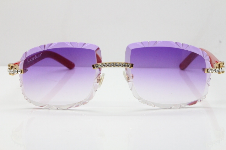 Cartier Rimless 8200762 Big Diamond Red Aztec Arms Sunglasses In Gold Purple