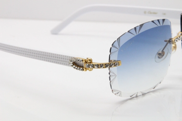 Cartier Rimless 8200762 Big Diamond White Aztec Arms Sunglasses In Gold Blue Lens 