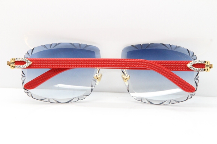 Cartier Rimless 8200762 Big Diamond Red Aztec Arms Sunglasses In Gold Blue Lens