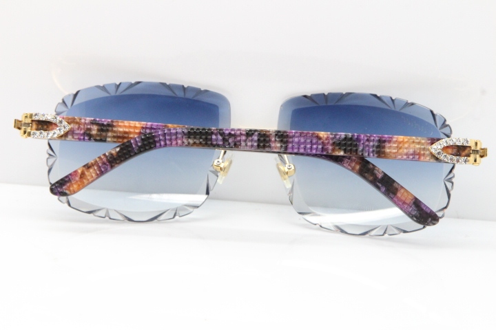 Cartier Rimless 8200762 Big Diamond Marble Purple Aztec Arms Sunglasses In Gold Blue Lens