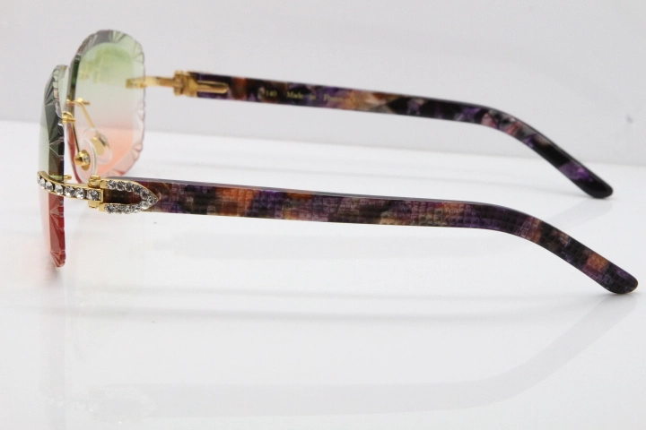 Cartier Rimless 8200762 Big Diamond Marble Purple Aztec Arms Sunglasses In Gold Green Brown Lens 