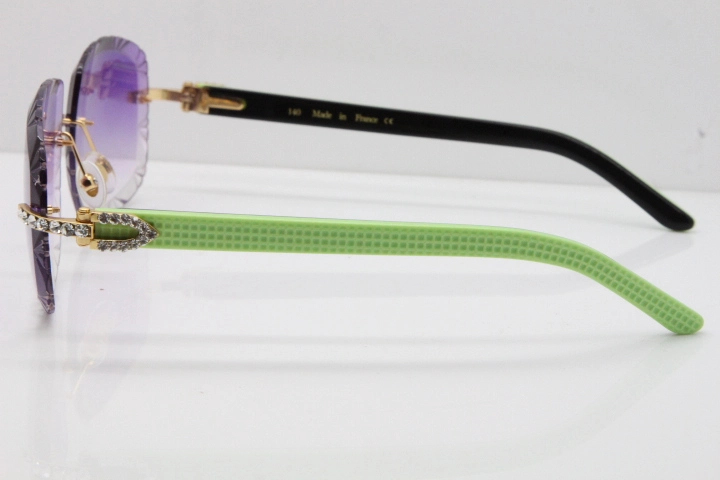 Cartier Rimless 8200762 Big Diamond  Black Green Aztec Arms Sunglasses In Gold Purpel Lens 