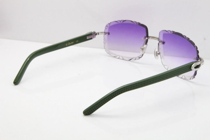 Cartier Rimless 8200762 Big Diamond Green Aztec Arms Sunglasses In Gold Purple Lens