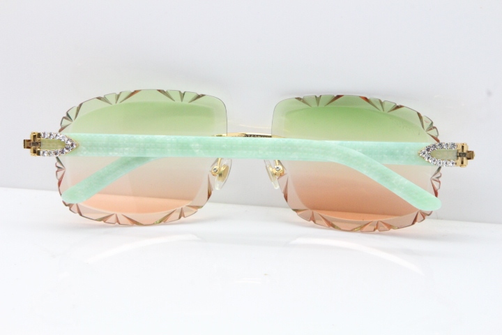 Cartier Rimless 8200762 Big Diamond Marble Green Aztec Arms Sunglasses In Gold Green Brown Lens 