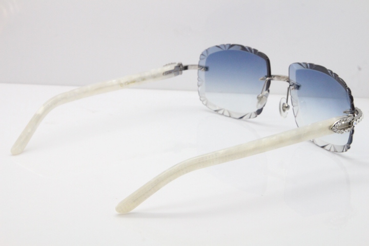 Cartier Rimless 8200762 Big Diamond Marble White Aztec Arms Sunglasses In Gold Blue Lens