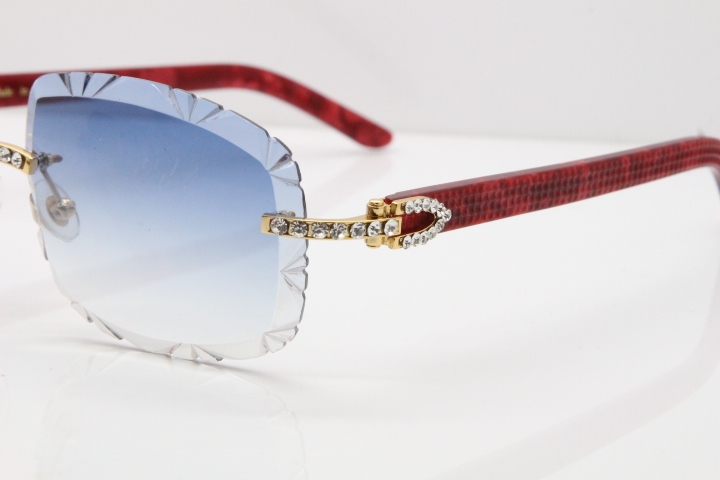 Cartier Rimless 8200762 Big Diamond Marble Red Aztec Arms Sunglasses In Gold Blue LensLens