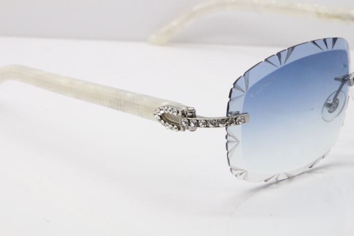 Cartier Rimless 8200762 Big Diamond Marble White Aztec Arms Sunglasses In Gold Blue Lens