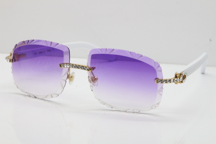 Cartier Rimless 8200762 Big Diamond White Aztec Arms Sunglasses In Gold Purple Lens 