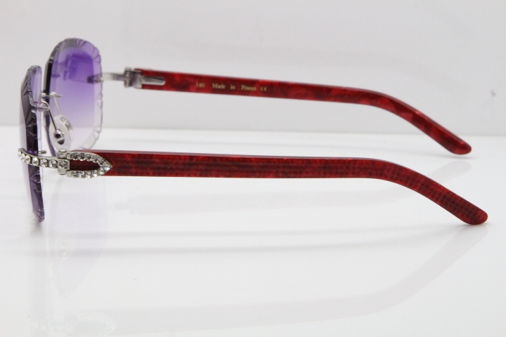 Cartier Rimless 8200762 Big Diamond Marble Red Aztec Arms Sunglasses In Gold Purple Lens