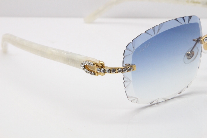 Cartier Rimless 8200762 Big Diamond Marble White Aztec Arms Sunglasses In Gold Blue Lens