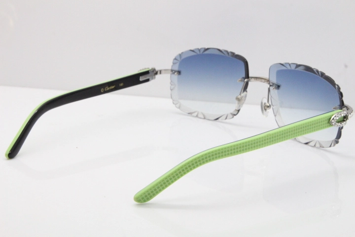 Cartier Rimless 8200762 Big Diamond Black Green Aztec Arms Sunglasses In Gold Blue Lens