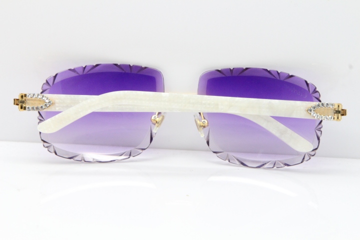 Cartier Rimless 8200762 Big Diamond Marble White Aztec Arms Sunglasses In Gold Purple Lens