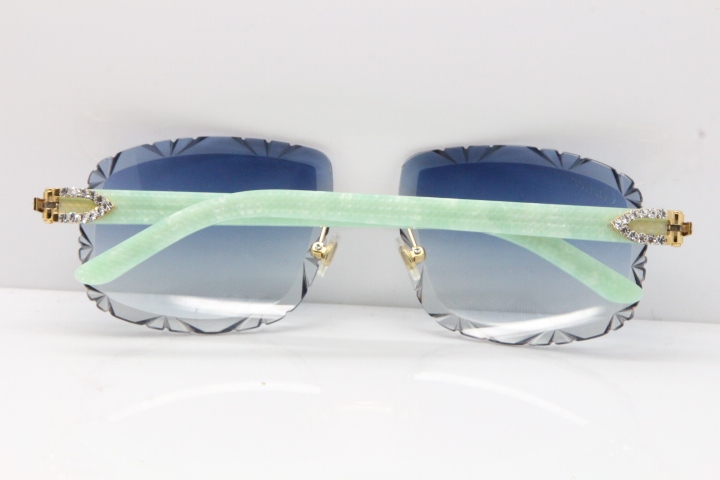 Cartier Rimless 8200762 Big Diamond Marble Green Aztec Arms Sunglasses In Gold Blue Lens 