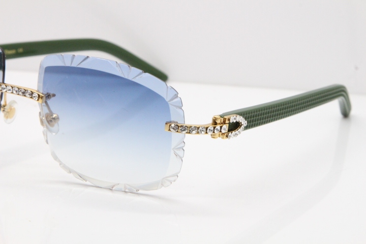 Cartier Rimless 8200762 Big Diamond Green Aztec Arms Sunglasses In Gold Blue Lens 