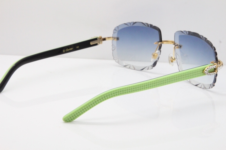 Cartier Rimless 8200762 Big Diamond Black Green Aztec Arms Sunglasses In Gold Blue Lens